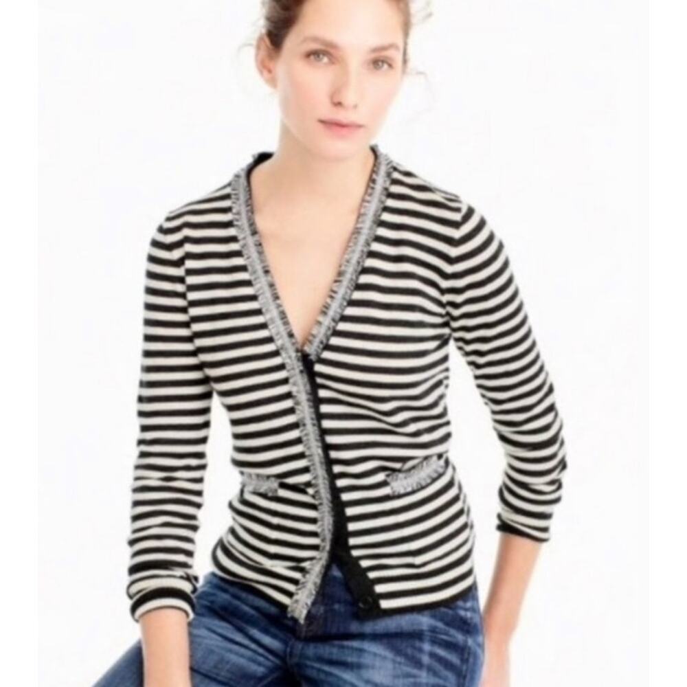 J Crew Wool Striped Harlow Tweed Trim Cardigan Women's L